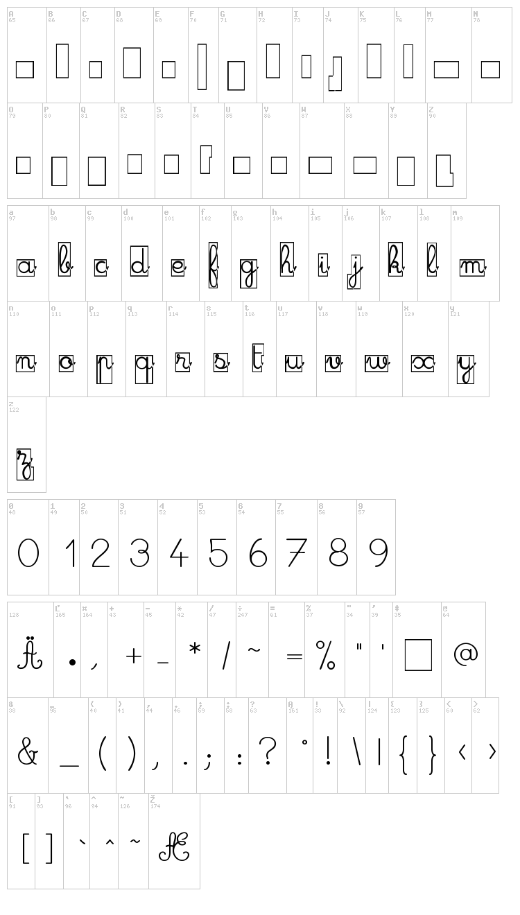 Maternellecolor Cursive Case font map